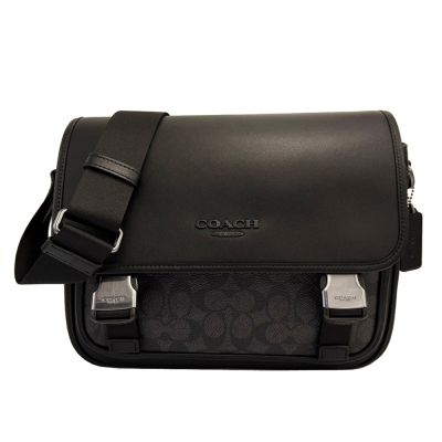 【COACH】滑面牛皮男款雙釦環斜背郵差包(黑灰)