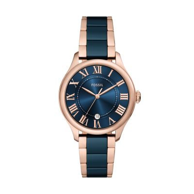 FOSSIL Gilmore藍色陶瓷三針手錶-藍色*玫瑰金 CE1134 附提袋