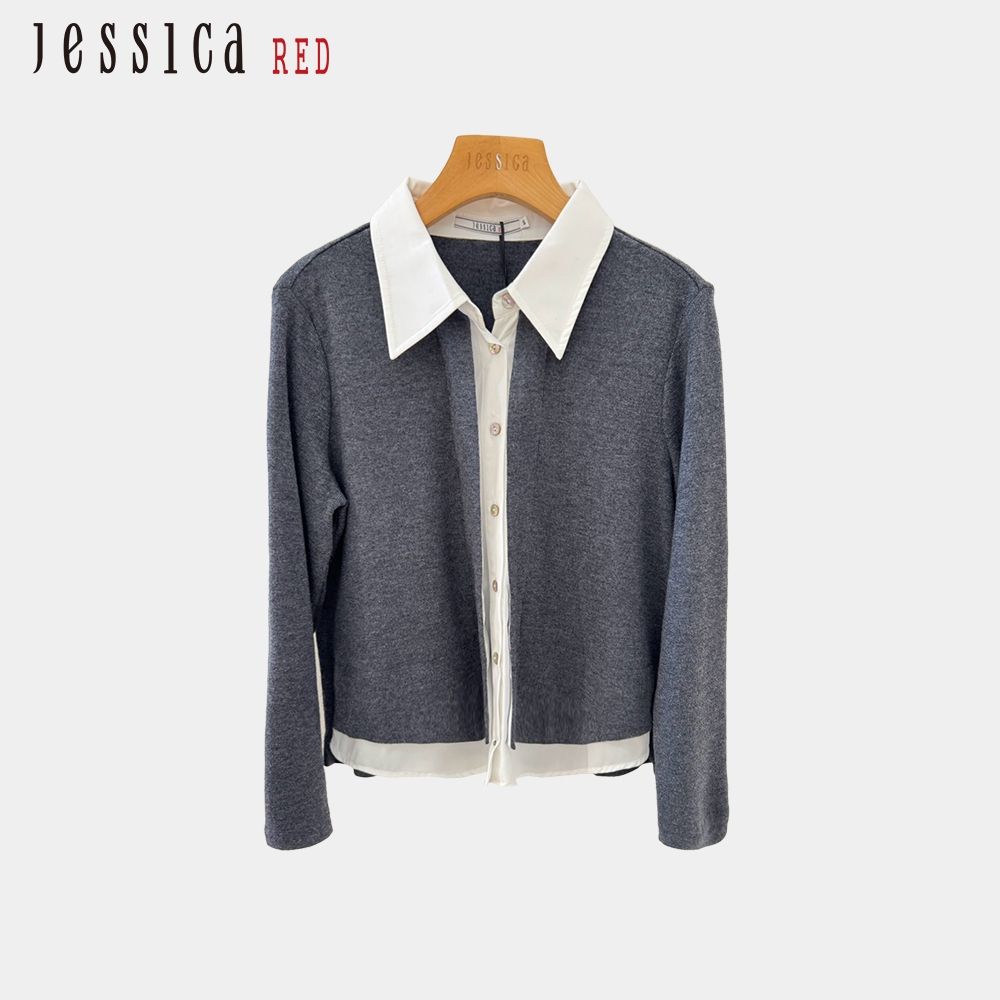 JESSICA RED - 百搭休閒假兩件拼接襯衫領長袖針織上衣R62406