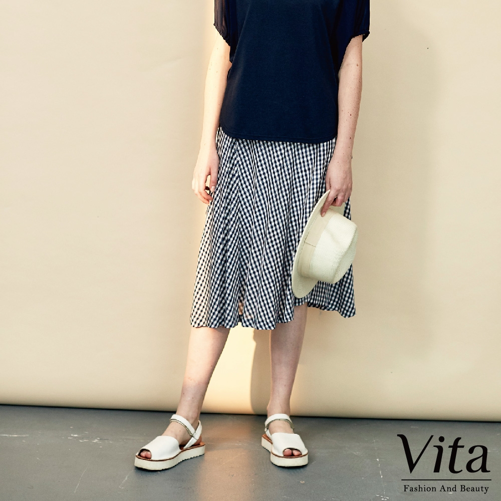 【Vita】棉質側拉鍊菱格紋傘擺飄逸長裙-藍
