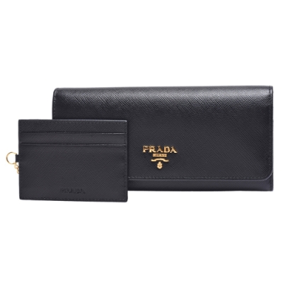 PRADA 普拉達 經典SAFFIANO METAL系列浮雕LOGO防刮牛皮金釦長夾(黑)