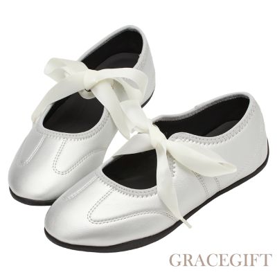【Grace Gift】芭蕾日常2WAY蝴蝶結綁帶薄底運動鞋 銀