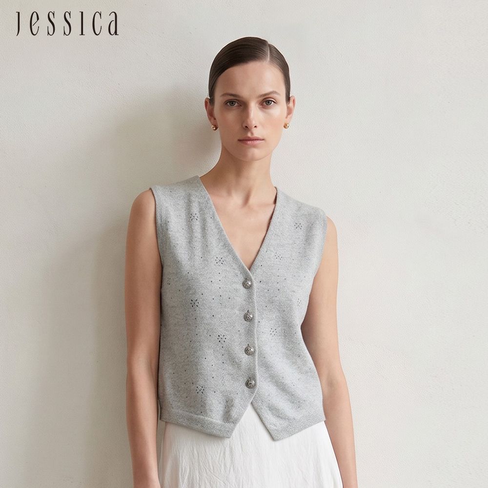 JESSICA - 百搭簡約V領水鑽針織無袖背心上衣263902