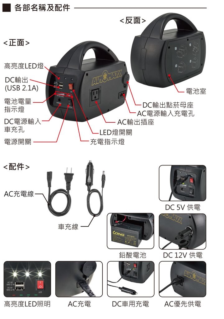 AUTOMAXX】 DC/AC專業級手提式行動電源UP-5HA [ 升級版-可提供5V/12V