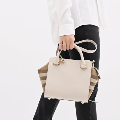 BURBERRY BANWELL 經典格紋拼接牛皮兩用包(淺石灰)