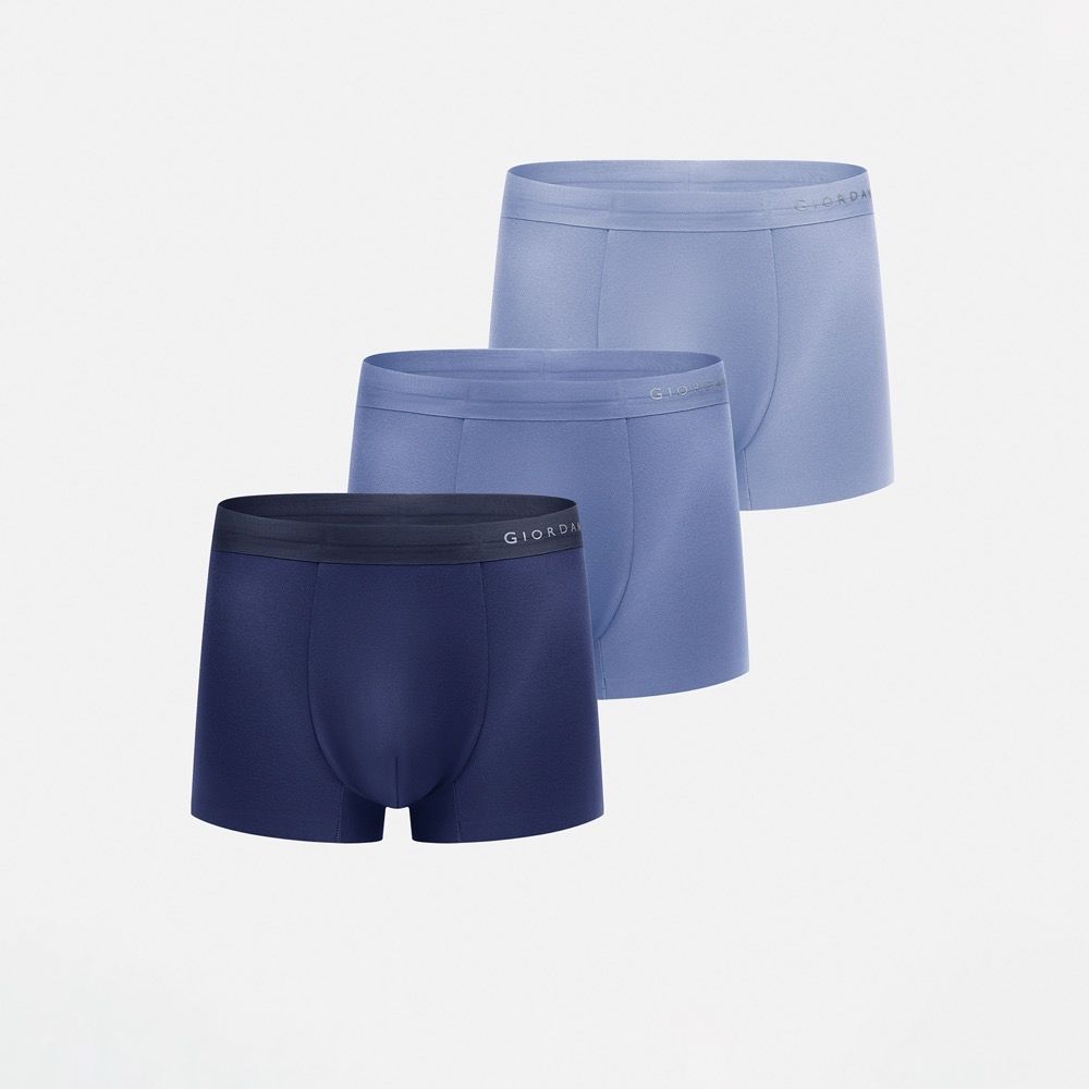 GIORDANO 男裝莫代爾無縫抗菌平口內褲(三件裝)【多色任選】 (72 淺藍X暗藍X標誌海軍藍)