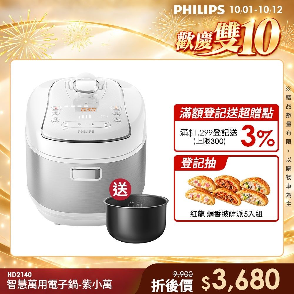 【Philips 飛利浦】智慧萬用電子鍋/壓力鍋/萬用鍋 HD2140_白小萬