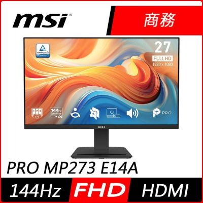 MSI微星 PRO MP273 是一款27吋IPS面板顯示器，支援1920x1080 FHD解析度，144Hz更新頻率，1ms反應時間，適合辦公、學生及健康護眼使用。內建喇叭，支援FreeSync技術，提供穩定畫面與高色彩準確度，並具備VESA壁掛孔與三年保固。