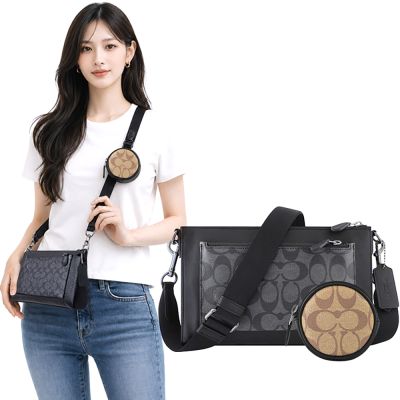 COACH 黑色荔枝紋皮革撞色拼接斜背包-附零錢小掛包