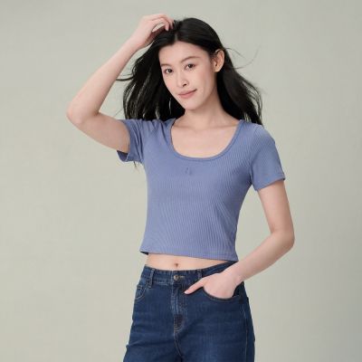 GIORDANO 女裝坑條紋理U領短袖上衣