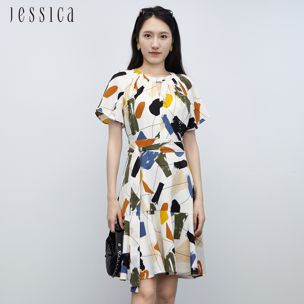 JESSICA - 彩色幾何印花雪紡綁帶短袖洋裝233172