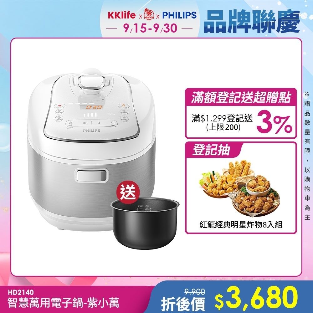 【Philips 飛利浦】智慧萬用電子鍋/壓力鍋/萬用鍋 HD2140_白小萬