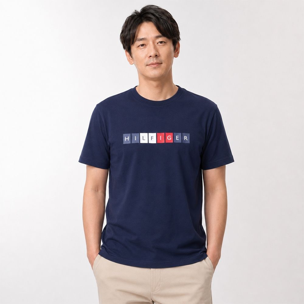 TOMMY 熱銷印刷文字圖案短袖T恤-深藍色