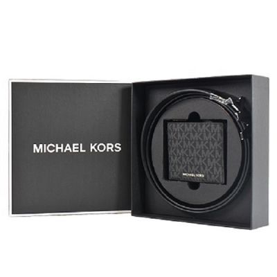 MICHAEL KORS 男款 灰字MK緹花LOGO防刮雙面用皮帶/八卡短夾禮盒-黑色
