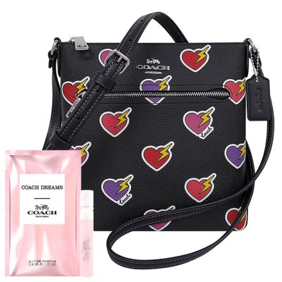COACH 黑色愛心圖樣PVC斜背包+品牌隨身小香