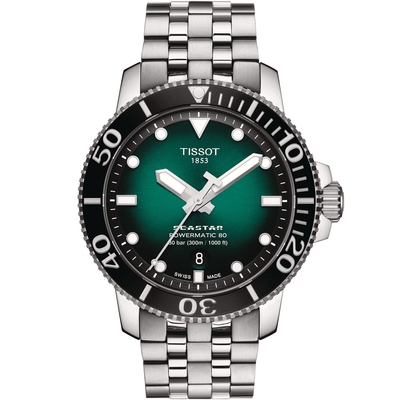 TISSOT 天梭 Seastar 海星300米潛水機械錶-43mm綠 T1204071109101