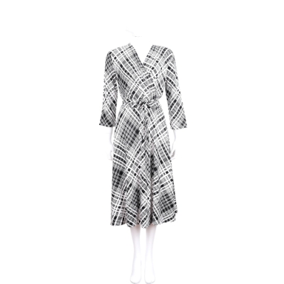 Max Mara-WEEKEND V領黑白格紋絲質洋裝(附綁帶) | 精品服飾/鞋子 