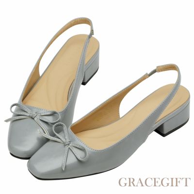 【Grace Gift】韓系清新蝴蝶結後空跟鞋 藍灰