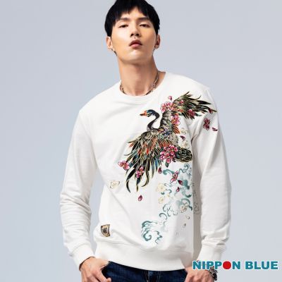 日本藍 BLUE WAY – 金標日本藍黑天鵝繡花長TEE(白)