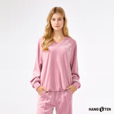 Hang Ten-女裝- 珊瑚絨落肩寬鬆大學T-粉紫