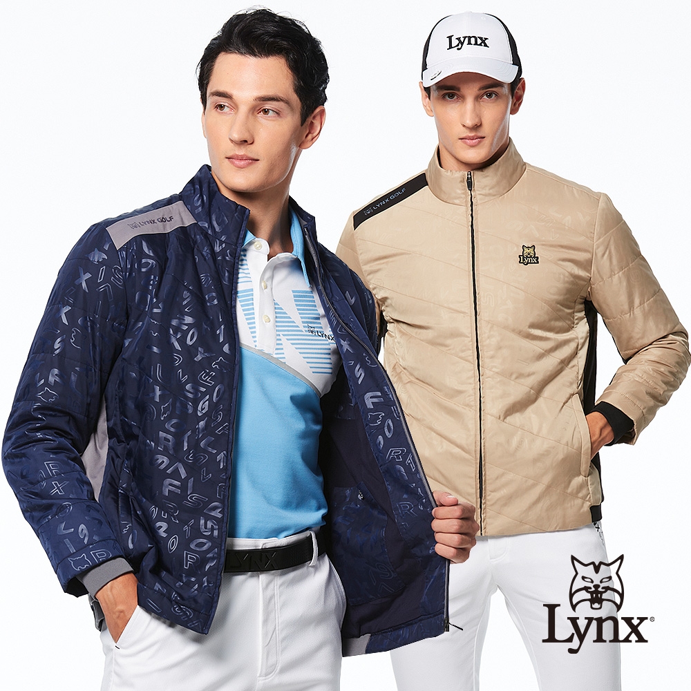 【Lynx Golf】男款防風防潑水鋪棉保暖壓光造型配布剪裁變色膠印設計長袖外套(二色) (深藍色)