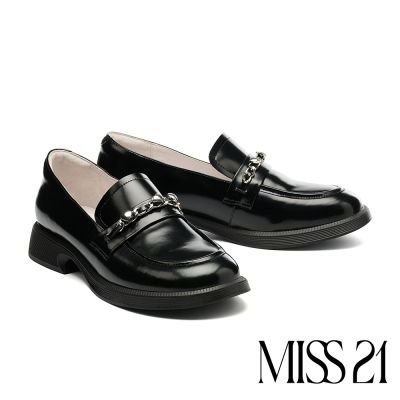厚底鞋 MISS 21 復古漂亮愛心金屬鍊牛皮樂福厚底鞋-黑