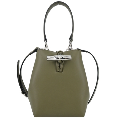 LONGCHAMP LE ROSEAU系列金屬竹節牛皮兩用水桶包(迷你/卡其綠)