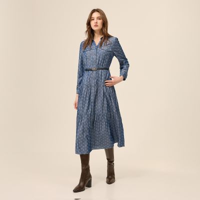 ILEY伊蕾 微光澤丹寧襯衫式蛋糕洋裝(藍；M-XL)