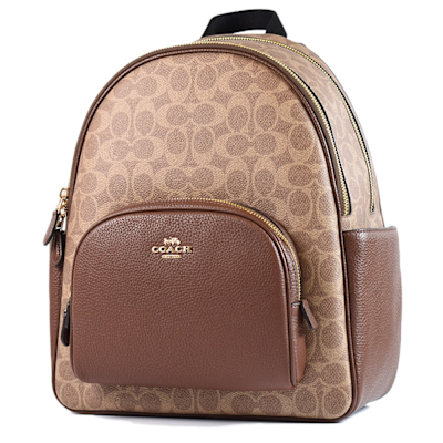 COACH 緹花LOGO雙側置物拉鍊後背包-棕褐