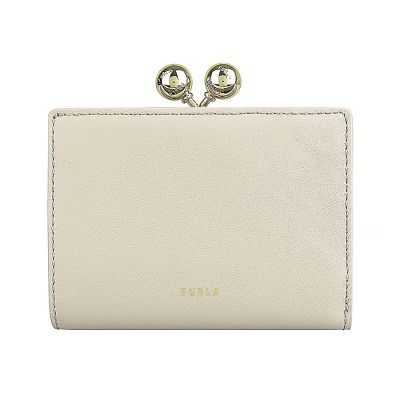 FURLA 小牛皮Dots系列燙金LOGO 6卡按釦式口金零錢中夾(亞麻布灰x淡灰)