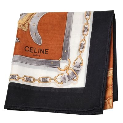 CELINE 棕黑馬具鏈條印花圖騰字母LOGO帕巾(47CM)