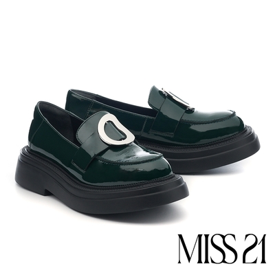 厚底鞋 MISS 21 復古學院風扭曲大釦牛漆皮樂福大頭厚底鞋-綠