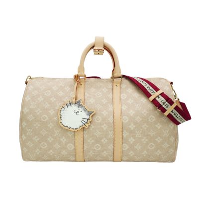 Louis Vuitton LV路易威登 Keepall 45 貓咪吊牌丹寧布拚牛皮二用斜背包(M25787-米)