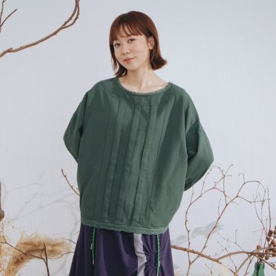 【MOSS CLUB】棉蕾絲打褶圓領磨毛上衣 綠 黃