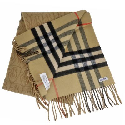 BURBERRY 駝色品牌標蘇格蘭格紋雙面喀什米爾羊毛圍巾