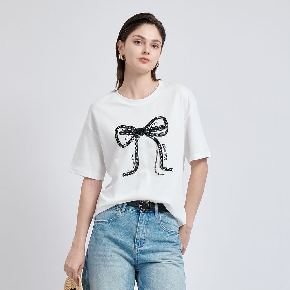 KeyWear奇威名品    甜美減齡蝴蝶結短袖上衣(共3色)-白色