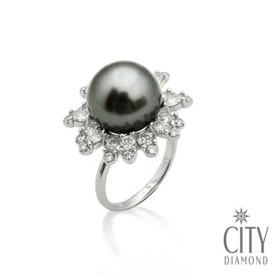 【City Diamond 引雅】網路獨家 日本純銀 南洋珍珠 黑珠10mm 水鑽 花朵 可調式 戒指(東京Yuki系列)
