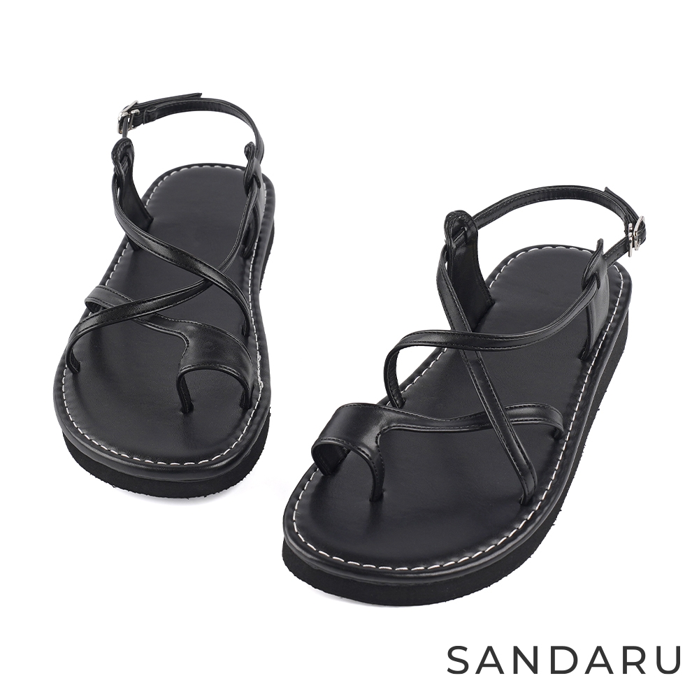 山打努SANDARU-涼鞋 真皮套趾交叉軟底平底涼鞋-黑 (黑)