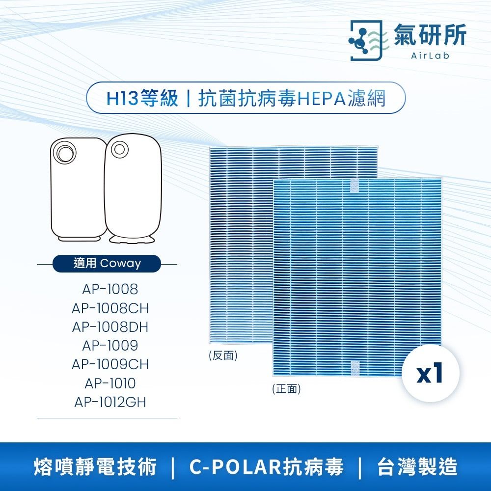 【AirLab氣研所】 H13 HEPA抗菌抗病毒濾網 1片裝(適用Coway AP-1009/1008/1010/1012)