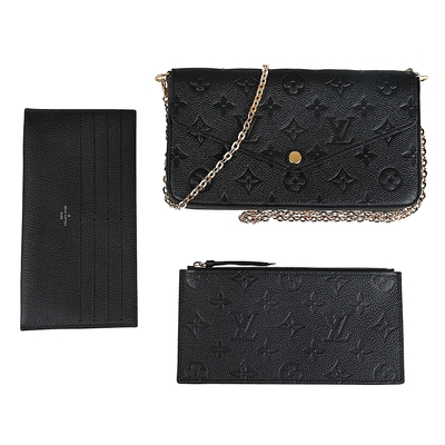 LOUIS VUITTON路易威登 LV M80482 FELICIE POCHETTE壓紋LOGO牛皮釦式三合一鏈帶斜背包(黑)