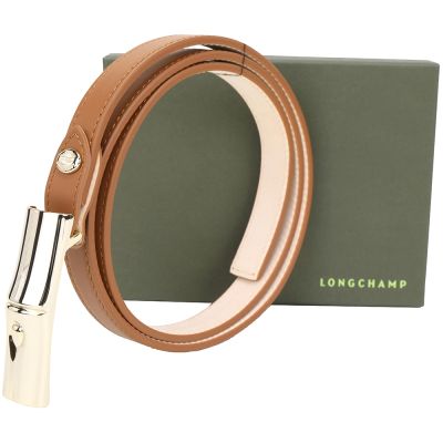 LONGCHAMP LE ROSEAU 竹節釦光滑牛皮細版腰帶(20mm/腰果棕)