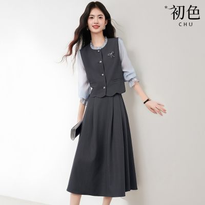 初色 法式圓領七分袖假兩件拼接上衣女上衣+素色百搭中長裙套裝-灰色-16409(M-2XL可選)