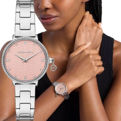 Michael Kors MK Pyper 紐約時尚晶鑽女錶 夏日煥新提案 送禮推薦-粉橘x銀/32mm MK7617