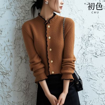 初色 法式復古風單排扣木耳邊半高領長袖毛衣針織衫小衫上衣女上衣-咖色-10442(F可選)