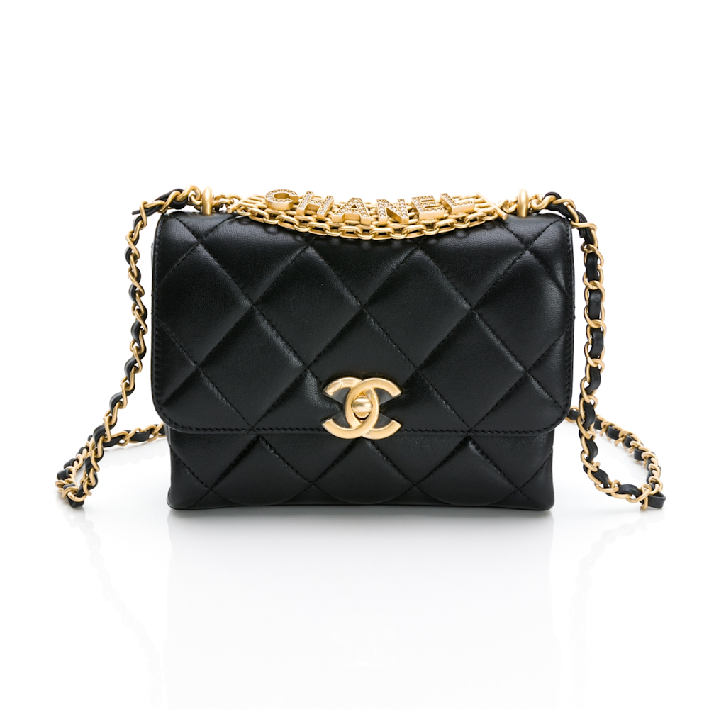 CHANEL香奈兒 Mini Flap bag 鑲鑽手提字母LOGO皮穿鍊條菱格包(細紋/提把金色鏈帶+CHANEL鑲鑽字樣)