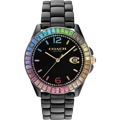COACH Greyson 彩色水晶C字陶瓷女錶 寵媽有禮 送禮首選-黑/36mm CO14504018