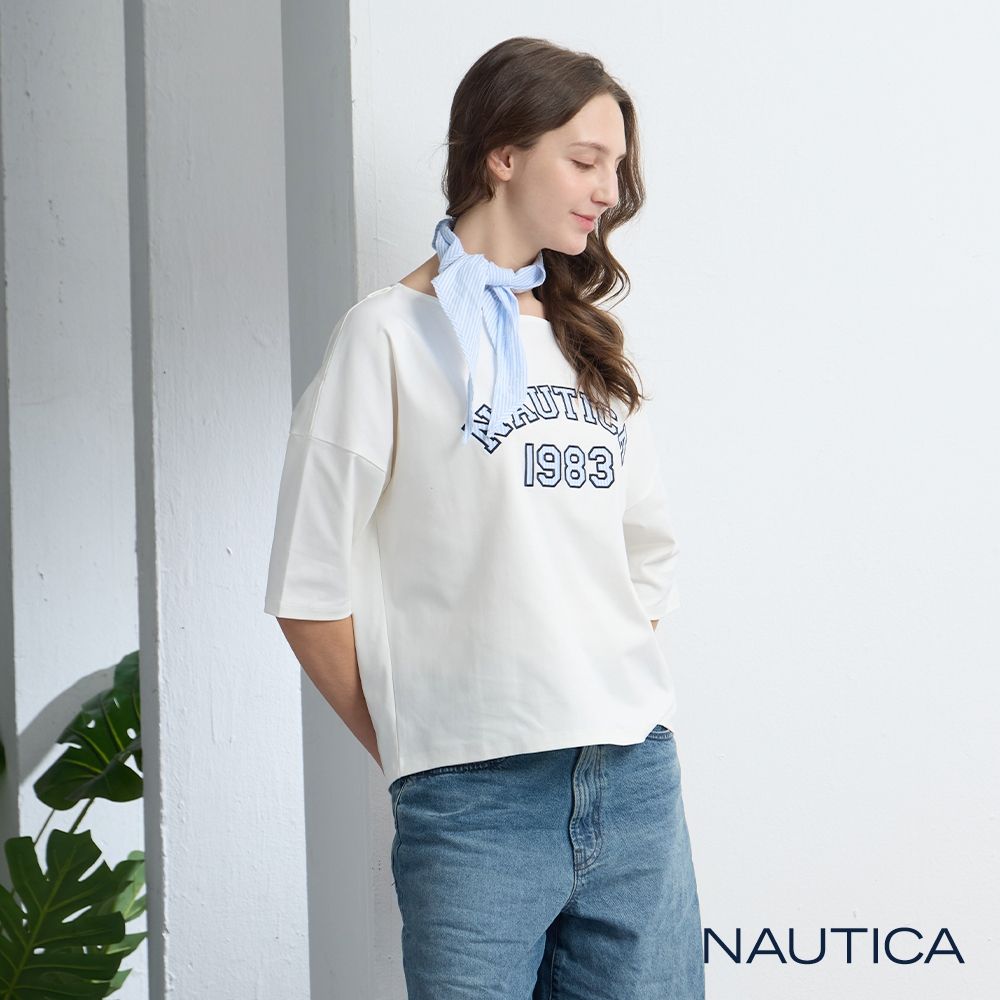 Nautica 官方旗艦 女裝 格紋字母印花短袖T恤-白色