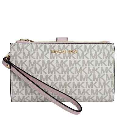 Michael Kors  金字滿版拼接雙層手機長夾(米白粉-可手掛)