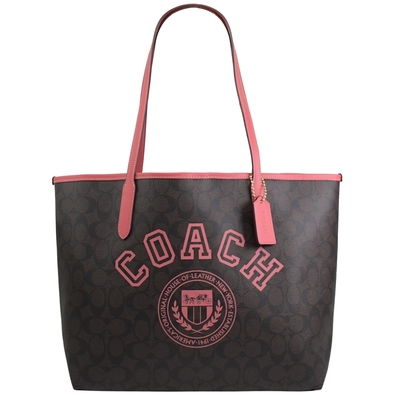 COACH 品牌LOGO印花皮革托特包(深咖/桃)