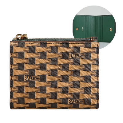 BALLY Pennant內燙金LOGO內撞色設計三角錦旗印花塗層皮革6卡拉鍊釦式中夾(深褐x淺咖啡x聖誕樹綠)
